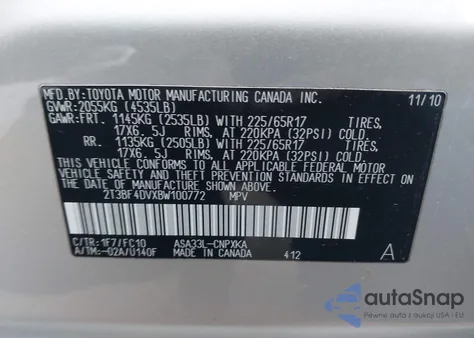 2011 Toyota Rav4 from USA, damaged, VIN 2T3BF4DVXBW100772